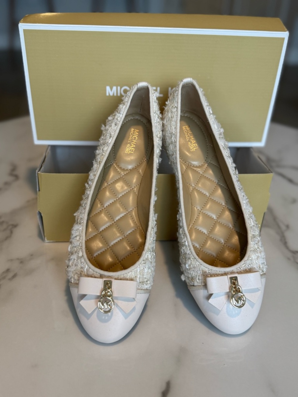 MICHAEL Michael Kors Cream Tweed & Leather Bow Ballet Flats